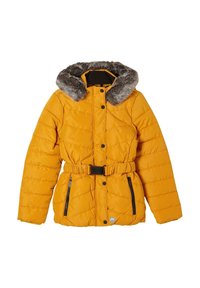 Chaqueta acolchada amarilla tipo puffer con collar de piel sintética, cintura ceñida con cinturón y dos bolsillos frontales con cremallera. Presenta cierre de botón a presión y cremallera.