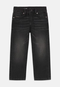 Schwarze Jeans aus Denim mit geradem Bein, ausgestattet mit einem Knopf- und Reißverschluss, fünf Taschen und leichtem Verblassen des Stoffes.