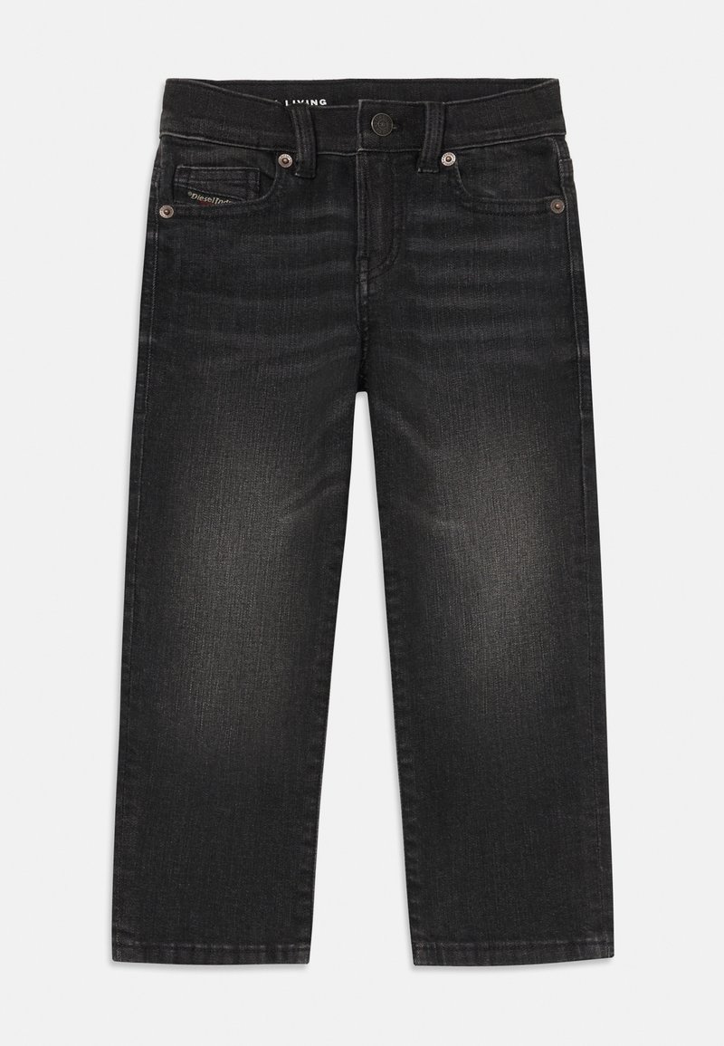 Schwarze Jeans aus Denim mit geradem Bein, ausgestattet mit einem Knopf- und Reißverschluss, fünf Taschen und leichtem Verblassen des Stoffes.