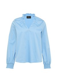 Blusa azzurra chiara con scollatura a V e colletto arricciato. Maniche lunghe con polsini arricciati, realizzata in tessuto liscio.