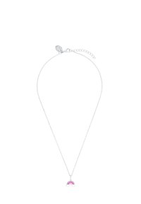 Collana in argento con pendente a forma di arco-iris, con rifiniture in smalto rosa e bianco. Include un piccolo gancio regolabile.