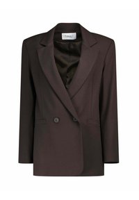 Blazer doppiopetto marrone con rever a punte, tre bottoni e due tasche frontali. Tessuto morbido e foderato in satin. Vestibilità su misura.