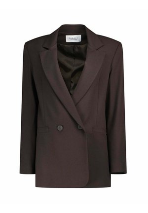 Bruine dubbelgeknoopte blazer met pieklapels, drie knopen en twee voorkruiden. Gladde stof en satijnen voering. Netjes gesneden pasvorm.