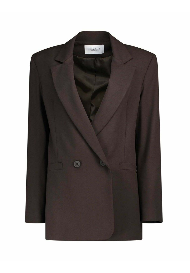 Blazer doppiopetto marrone con rever a punte, tre bottoni e due tasche frontali. Tessuto morbido e foderato in satin. Vestibilità su misura.