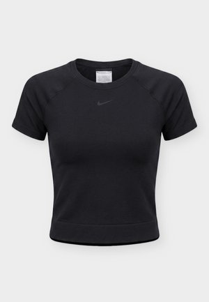 Crop top noir Nike à manches courtes avec col rond et petit logo swoosh ton sur ton centré sous l'encolure.