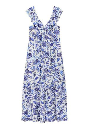 Floral sundress in white and blue, with ruffled sleeves, a fitted bodice, and a tiered hem. Lightweight, patterned fabric.