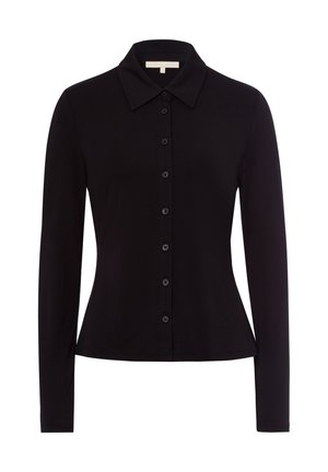 Chemise noire à manches longues avec col, dotée d'un devant à boutons et d'une coupe ajustée, fabriquée en tissu lisse.