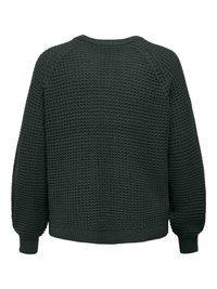 Pulover verde închis din tricot gros cu mâneci lungi și manșete dantelate, prezentat din spate pe un fundal alb.