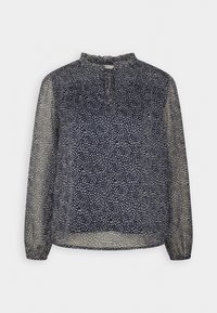 Blusa navy con maniche lunghe trasparenti, colletto alto e chiusura con bottoni. Presenta accenti a motivo floreale bianco su tutta la stoffa.
