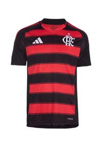 Schwarz-rot gestreiftes Sporttrikot mit V-Ausschnitt, versehen mit Adidas-Logo und einem Wappen auf der Brust. Hergestellt aus leichtem Material.