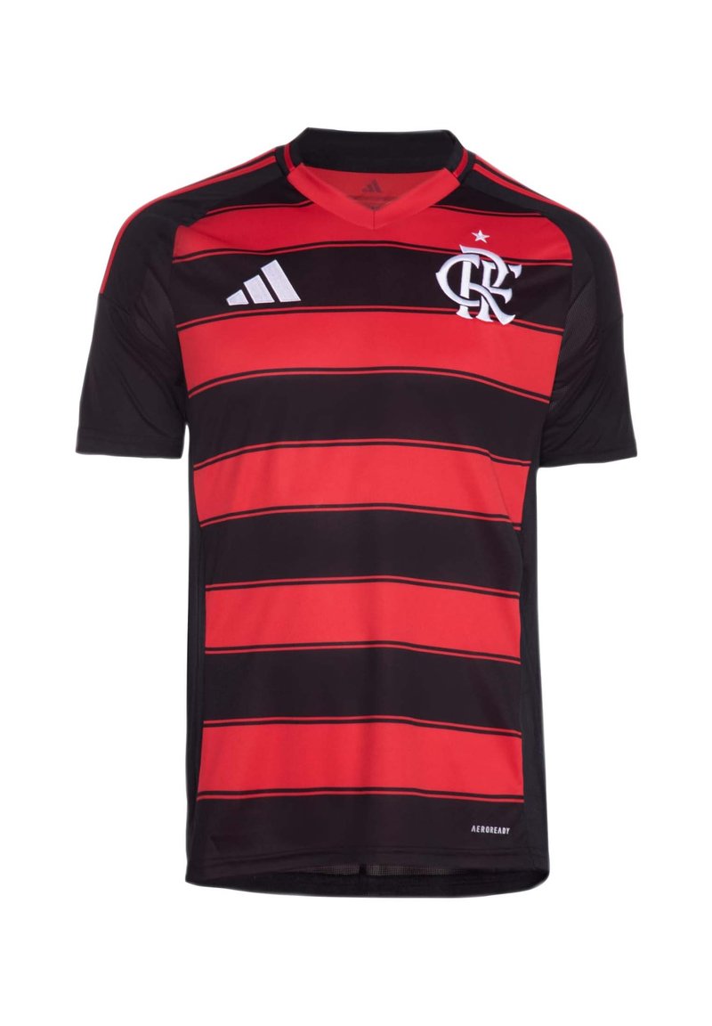 Schwarz-rot gestreiftes Sporttrikot mit V-Ausschnitt, versehen mit Adidas-Logo und einem Wappen auf der Brust. Hergestellt aus leichtem Material.
