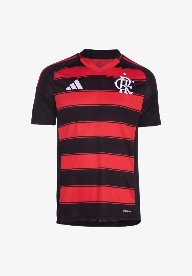 Black and red striped sports jersey with v-neck, featuring Adidas logo and a crest on the chest. Made of lightweight fabric.