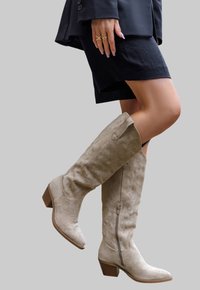 Bottes en daim beige montantes avec un bout pointu, un petit talon carré et une fermeture par zip latéral, présentant des détails de texture et de design subtils.