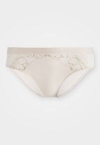 Beige undertøy med teksturert kropp, blonde aksenter på sidene og en glatt linning. Designet kombinerer eleganse med komfort.