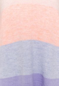 Knitted sweater featuring horizontal stripes in peach, lavender, and light purple. Soft, textured fabric with ribbed hem detail.