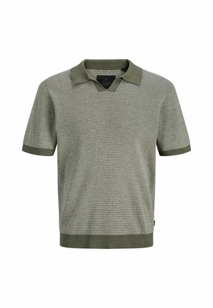 Polo en maille à manches courtes avec col, poignets et bas vert olive, présentant un corps texturé beige et vert à motif.