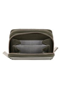 Zippered wallet in dark green leather features striped fabric lining, multiple card slots, and a sleek metallic zipper. Compact design.