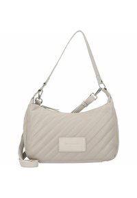 Borsa a spalla beige trapuntata realizzata in materiale sintetico, dotata di tracolla regolabile e di una panna rettangolare con il logo sul davanti.