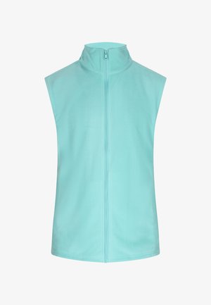 Hellblaues ärmelloses Fleece-Weste mit hohem Kragen und einem Reißverschluss vorne. Glatte Textur ohne Muster oder metallische Details.