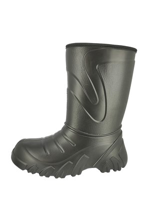 Schwarzer Gummistiefel bis zur Mitte der Wade mit strukturiertem Sohlen- und Rutschmuster, entworfen für den Einsatz im Freien oder bei nassen Bedingungen.