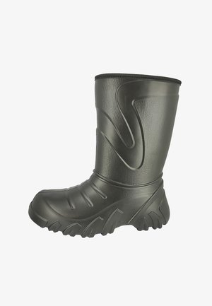 Botte en caoutchouc noire mi-mollet avec semelle texturée et motifs de prise, conçue pour les conditions extérieures ou humides.