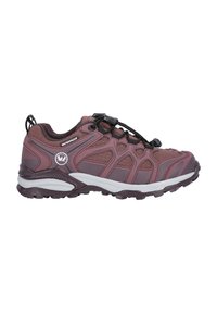 Wasserdichte Wanderschuhe in Weinrot und Grau. Sie verfügen über ein strukturiertes Obermaterial, ein schnürsenkelfreies Design mit einem sicheren Zugverschluss und eine strapazierfähige Gummisohle.