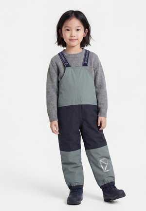 Barn med kort mørkt hår står iført grå sweater og grøn-sorte vandtætte overalls med justerbare stropper og sorte støvler.