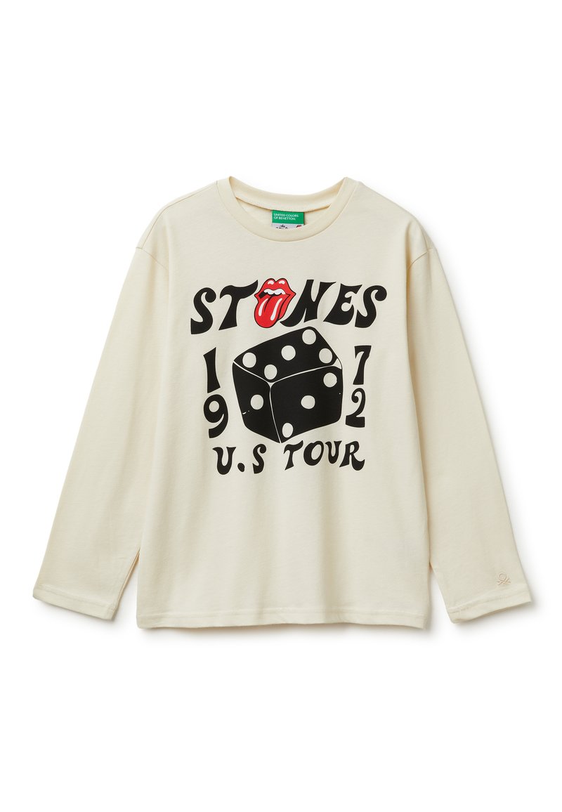 Cremefarbiges Langarm-T-Shirt mit rundem Halsausschnitt. Schriftzug mit einer Grafik von einer Zunge und Würfeln, mit "STONES 1972 U.S. TOUR" in fetter schwarzer Schrift.