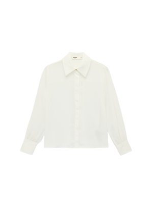 Hvid bluse med lange ærmer, spidst krave, manchetter med knapper og skjulte knapper foran.