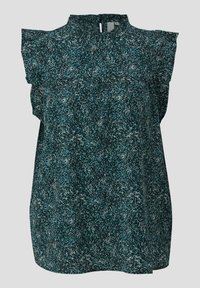 Dunkelgrünes Kurzarm-Bluse mit einem strukturierten, abstrakten Muster, einem hohen Kragen und dezenten Rüschendetails an den Schultern.