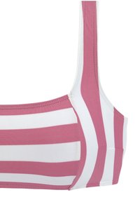 Rosa und weiß gestreifter Bikini-Oberteil mit rechteckiger Form, hergestellt aus glattem Stoff; verfügt über verstellbare Träger und Nähdetails.