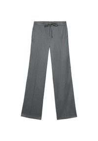 Pantalones grises de pierna ancha con cintura elástica. Fabricados con un tejido texturizado, presentan un diseño limpio y sin adornos adicionales.