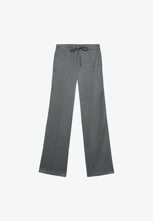 Graue, weit geschnittene Hosen mit einem Kordelzugbund. Aus einem strukturierten Stoff gefertigt, mit einem schlichten Design und ohne zusätzliche Verzierungen.