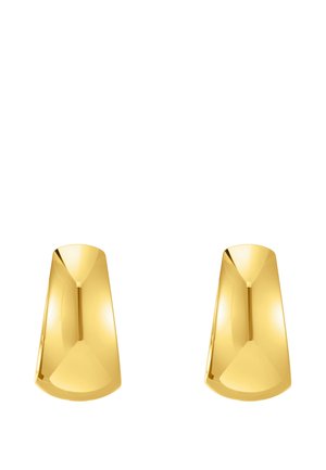 Ein Paar glatte, glänzende goldene geometrische Ohrringe mit einer breiten Trapezform und polierten, reflektierenden Oberflächen.