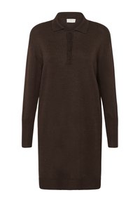 Robe polo en tricot marron à manches longues, avec patte de boutonnage à trois boutons et poignets à côtes. Texture douce et silhouette jusqu'aux genoux.