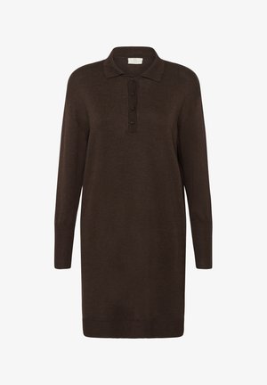 Barna kötött pólóruha hosszú ujjal, háromgombos záródással és bordázott mandzsettával. Puha tapintású, térd fölé érő sziluettel.