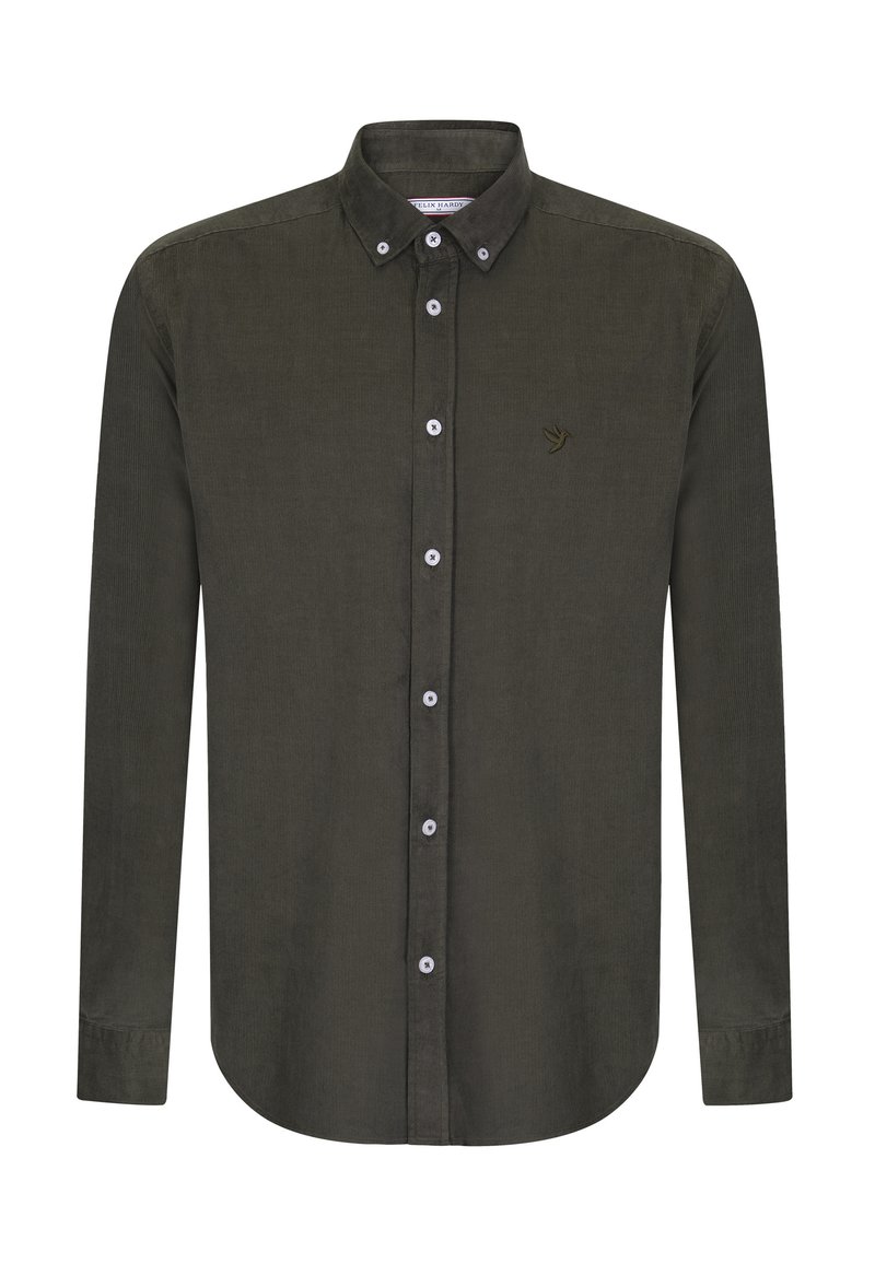 Dunkelgrünes Cordhemd mit langen Ärmeln, knöpfbarem Kragen und weißen Knöpfen. Verfügt über ein kleines, besticktes Logo auf der Brust.