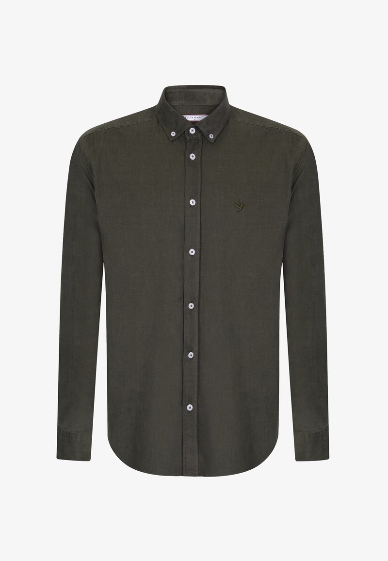 Dunkelgrünes Cordhemd mit langen Ärmeln, knöpfbarem Kragen und weißen Knöpfen. Verfügt über ein kleines, besticktes Logo auf der Brust.