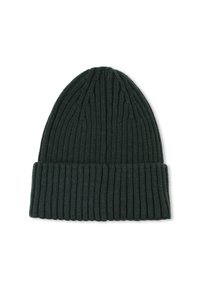 Cappello beanie lavorato a maglia di colore verde scuro con una texture a coste e risvolto, realizzato in filato morbido, progettato per calore e comfort.