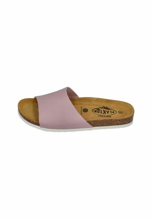 Pink leather slide sandal with a wide strap, cork footbed, and white rubber sole. Smooth texture with a minimalist design.