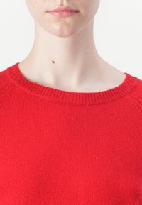 Red knitted sweater featuring a crew neckline, ribbed trim, and a soft texture. Focuses on the upper torso area, without additional details.
