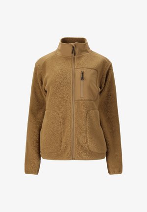 Ruskea fleece-takki, jossa on täysipituinen vetoketju, korkea kaulus, kaksi etutaskua ja vetoketjullinen rintatasku valkoista taustaa vasten.