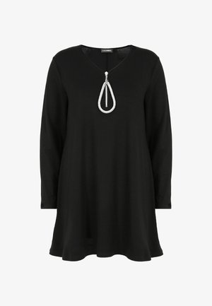 Schwarze Langarm-Tunika mit V-Ausschnitt und einem silbernen dekorativen Reißverschluss, der mit einem tropfenförmigen Akzent auf der Brust versehen ist. Weicher Stoff, lässige Passform.