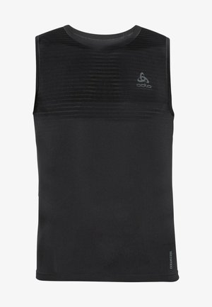 Zwart mouwloos shirt van glad materiaal, met subtiele getextureerde strepen over de borst en een klein logo aan de bovenkant links.