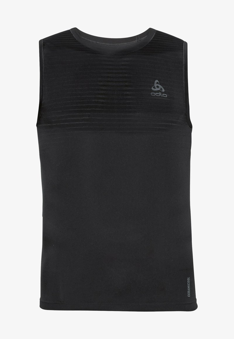 Chemise noire sans manches en matériau lisse, présentant des rayures texturées subtiles sur la poitrine et un petit logo en haut à gauche.