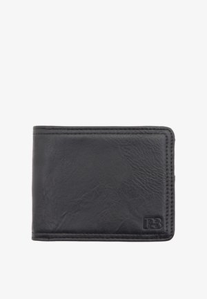 Črna usnjena denarnica z teksturirano površino, pravokotne oblike, vidnimi šivi in vtisnjenim logotipom v spodnjem desnem kotu.