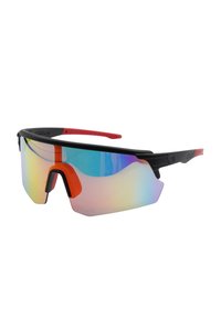 Occhiali da sole sportivi con grandi lenti specchiate colorate, montatura nera e dettagli rossi sulla tempia per una vestibilità sicura e uno stile migliorato.