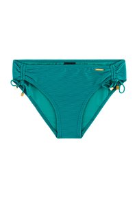 Blauer Bikinihöschen in Blaugrün mit verstellbaren Seitenschnüren, strukturierter Oberfläche und Akzenten in Goldoptik. Mit mittelhohem Schnitt und glatter Innenfütterung.