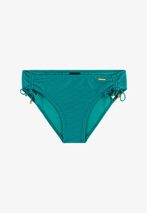 Tealkleurige bikinibroek met verstelbare zijstrikjes, textuurstof en goudkleurige accenten. Heeft een mid-rise snit en een gladde voering aan de binnenkant.
