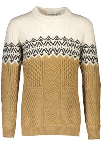 Beige och creamfärgad stickad tröja med ett strukturerat mönster av diamantformer och en nordisk design i svart upptill.